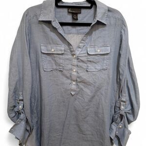 Lane Bryant Women's Light Blue Chambray Button Long Sleeved Blouse